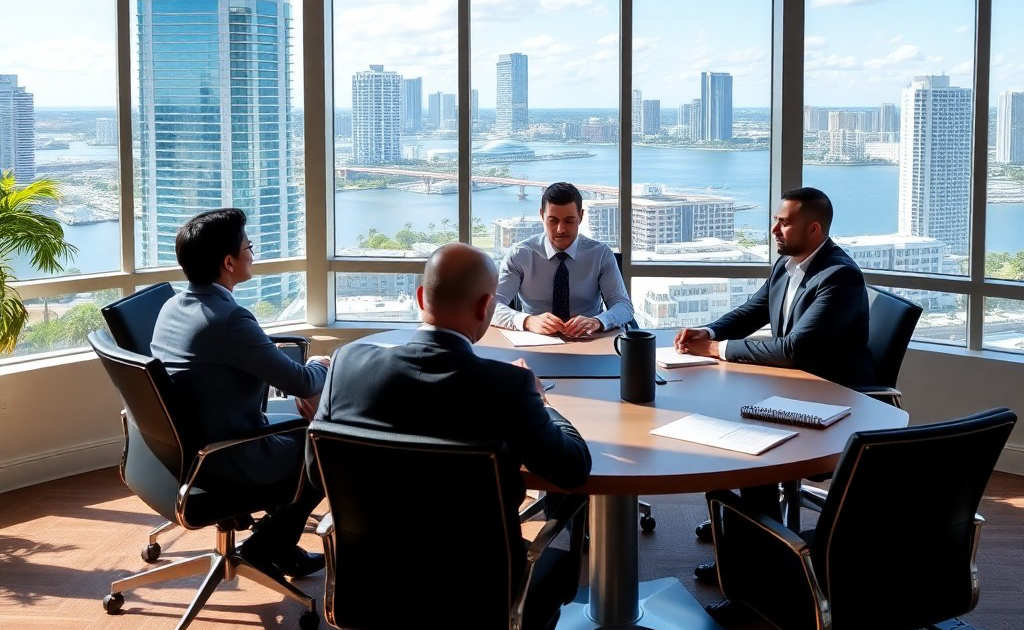 Business professionals at Hacker Johnson & Smith PA discussing tax planning strategies in an office overlooking the Tampa Bay skyline