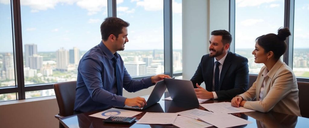 Business professionals at Hacker Johnson & Smith PA discussing tax planning strategies in an office overlooking the Tampa Bay skyline