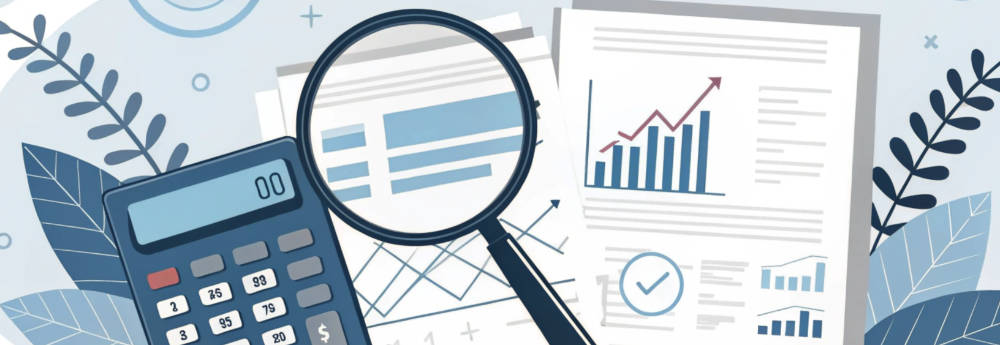 Abstract illustration of tax compliance with a magnifying glass over financial documents and a calculator, surrounded by dollar signs, charts, and tax icons