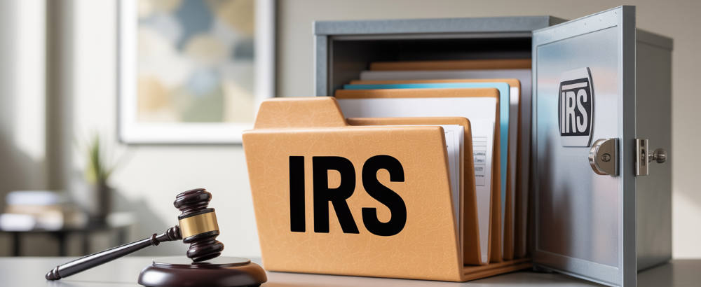 Gavel, IRS file, and secure cabinet symbolizing compliance support in Tampa business tax preparation
