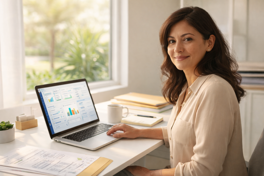 Florida small business owner reviewing accounting software at her desk during 2026 tax filing season