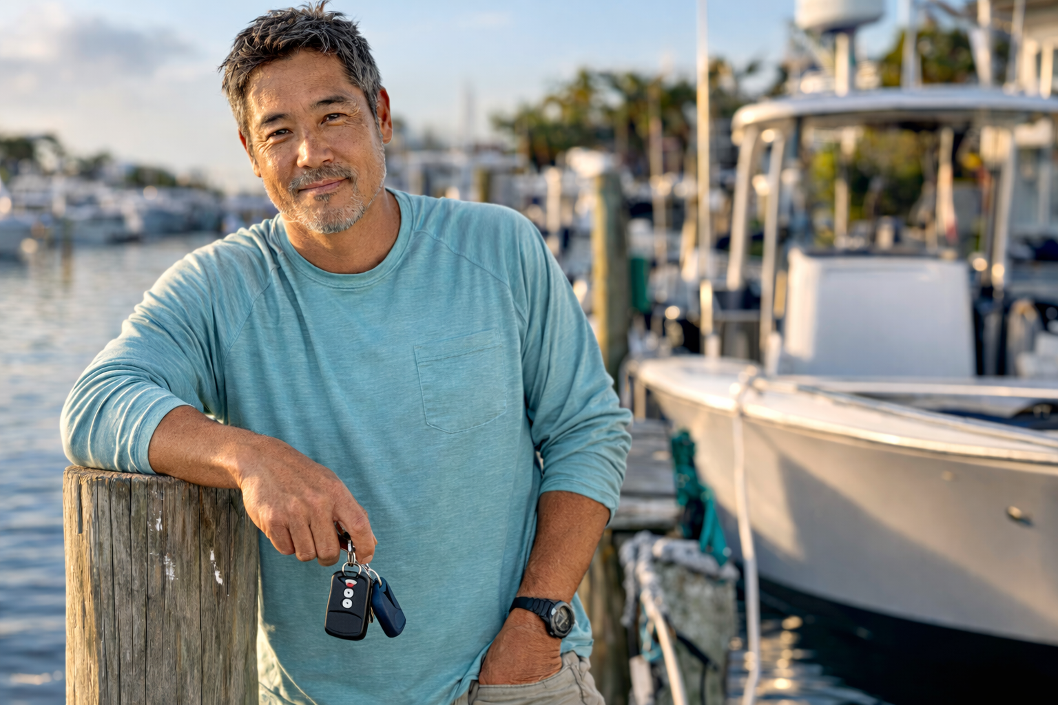 Florida marina business owner holding marine key fob on dock, representing Florida tax credits for business growth.