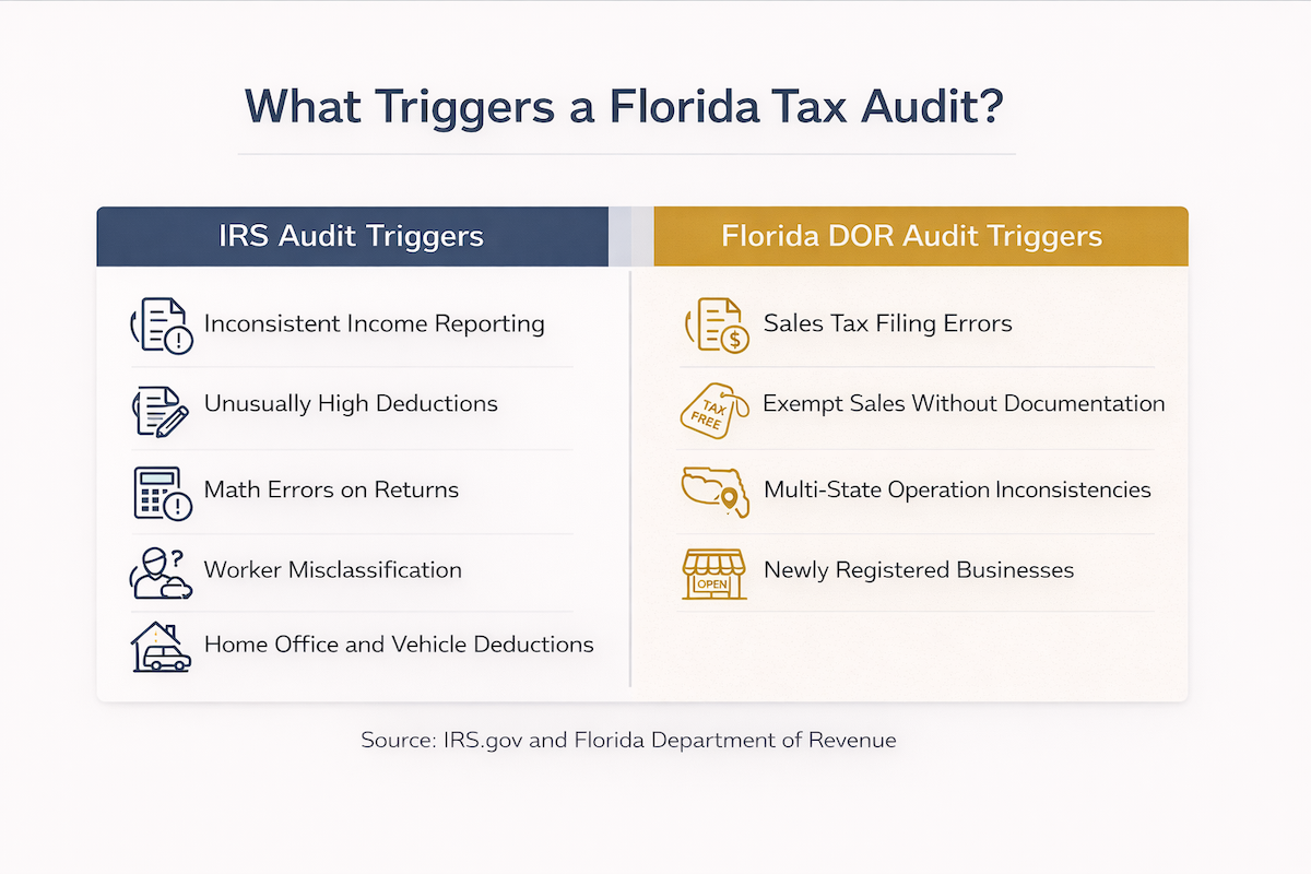 Comparison table of tax audit triggers: IRS vs Fl DOR