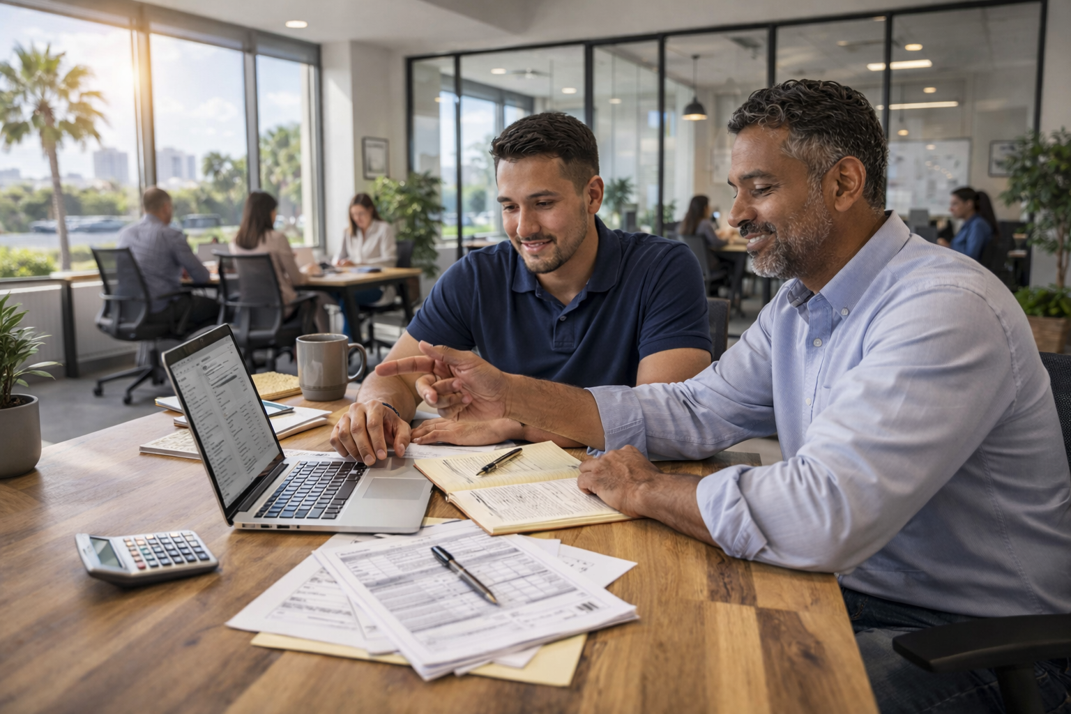 tax-challenges-hiring-employees Two business owners reviewing tax documents and payroll records in a Florida co-working space