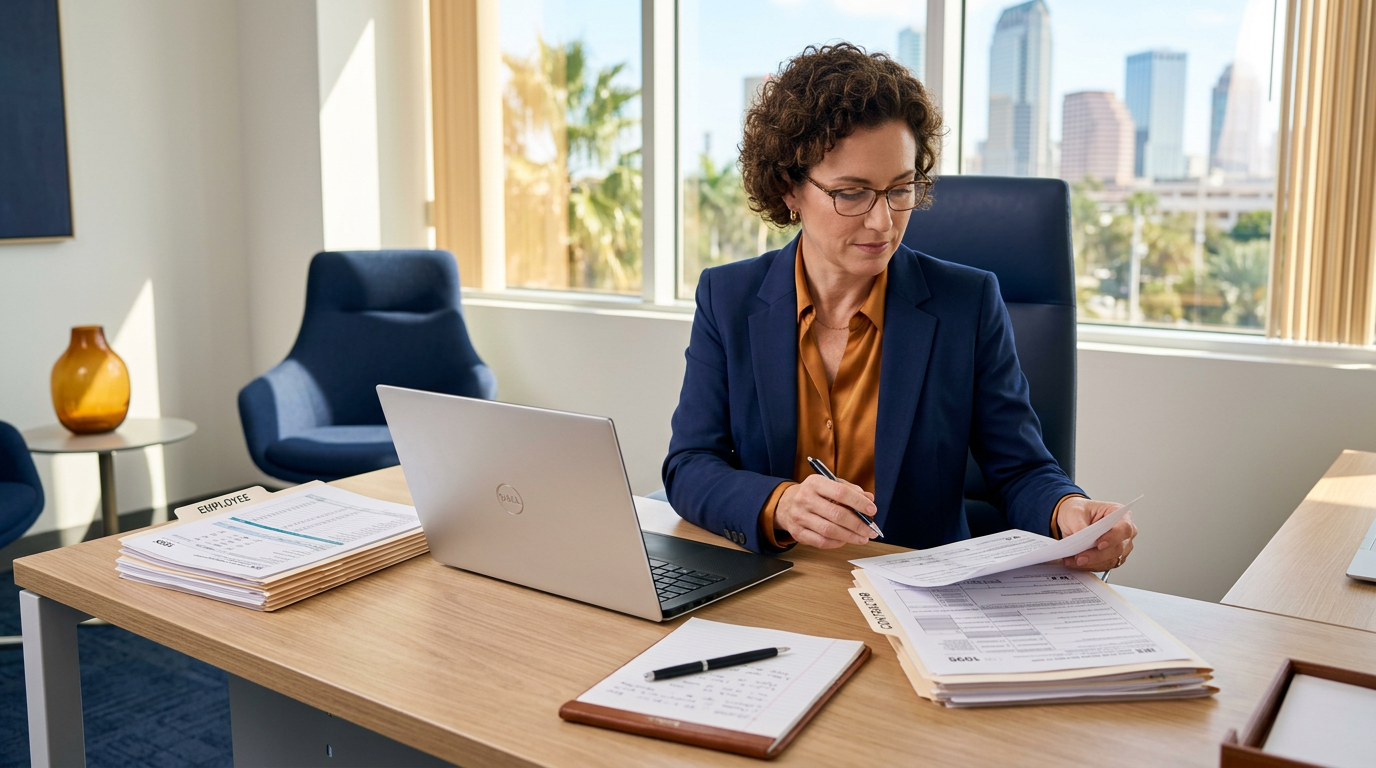 Florida CPA reviewing tax implications of employees vs contractors at office desk